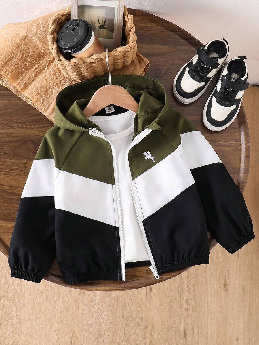 SHEIN Genkimix Kids 1件男童休閒簡約拼色連帽長袖外套,時尚休閒設計,適合夏季穿著,適合4-7歲男孩日常穿著,適用於運動、外出、學校及返校季 - 彩色 - 查看 1