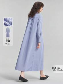 Ontre 2026秋冬新款極簡時尚優雅休閒奢華通勤度假派對婚禮穿搭女裝長袖翻領寬鬆長款排扣條紋白藍色連身裙 百搭顯瘦增高 優雅日常穿著 通勤穿著 辦公室穿著 約會穿著 時尚穿著 街頭穿著 - 藍色 - 查看 6