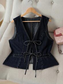 EMERY ROSE Plus Size Women's Spring/Summer Washed Front Tie Waist Denim Vest Top - Black - View 1
