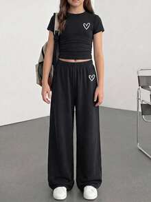 SHEIN Tween Girl Knitted Solid Color Heart Pattern Ruched Casual T-Shirt And Long Pants 2 Pieces Set - Dark Grey - View 4