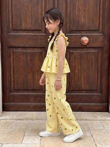 SHEIN Casuvi Kids Casuvi 少女两件套：梭织数码柠檬格纹印花无袖上衣搭配喇叭裤，收腰设计，适合春夏日常休闲及度假穿着。 - 黃色 - 查看 4