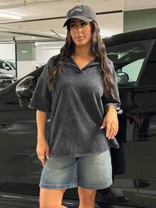 SAYEHFBABY 女款復古水洗雪花波羅領寬鬆短袖T恤，適合外出穿著，街頭休閒夏季黑色 - 黑色 - 查看 6