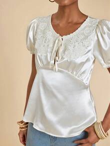 Travachic Women's Summer Elegant Romantic Lace Patchwork Tie-Front Top Brunch Date Off-White Wedding - Pink - View 1
