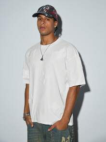 Mens White Letter Graphic Oversized T-Shirt Drop Shoulder Vintage Casual Streetwear Summer Tee - White - View 2