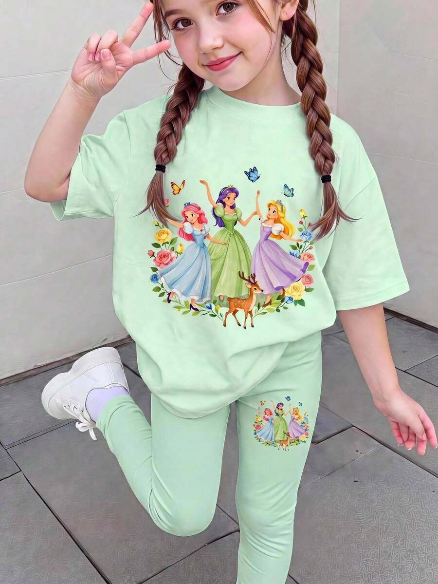 SHEIN 1套女童休閒時尚可愛甜美卡通公主圖案短袖T恤與印花內搭褲套裝,適合春/夏季外出、假期、上學、生日及其他場合 - 彩色 - 查看 1