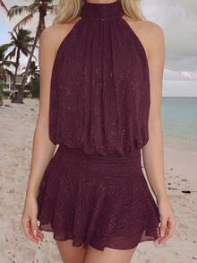 Turnttoni Women's Purple-Red Halter Neck Ruffle Hem Mini Dress, Purple-Red Dress Party Elegant Summer - Purple - View 3