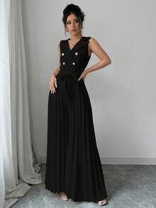 Selianne Women's Elegant Apricot Double-Breasted Pleated Jumpsuit, Suitable For Spring And Autumn - Black - View 3