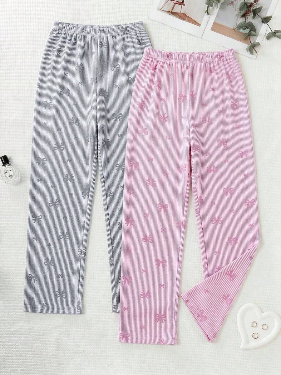 SHEIN 大尺碼女款 2 件組 粉色與灰色波點條紋長褲居家服 舒適休閒多件裝睡褲套裝 - 彩色 - 查看 1