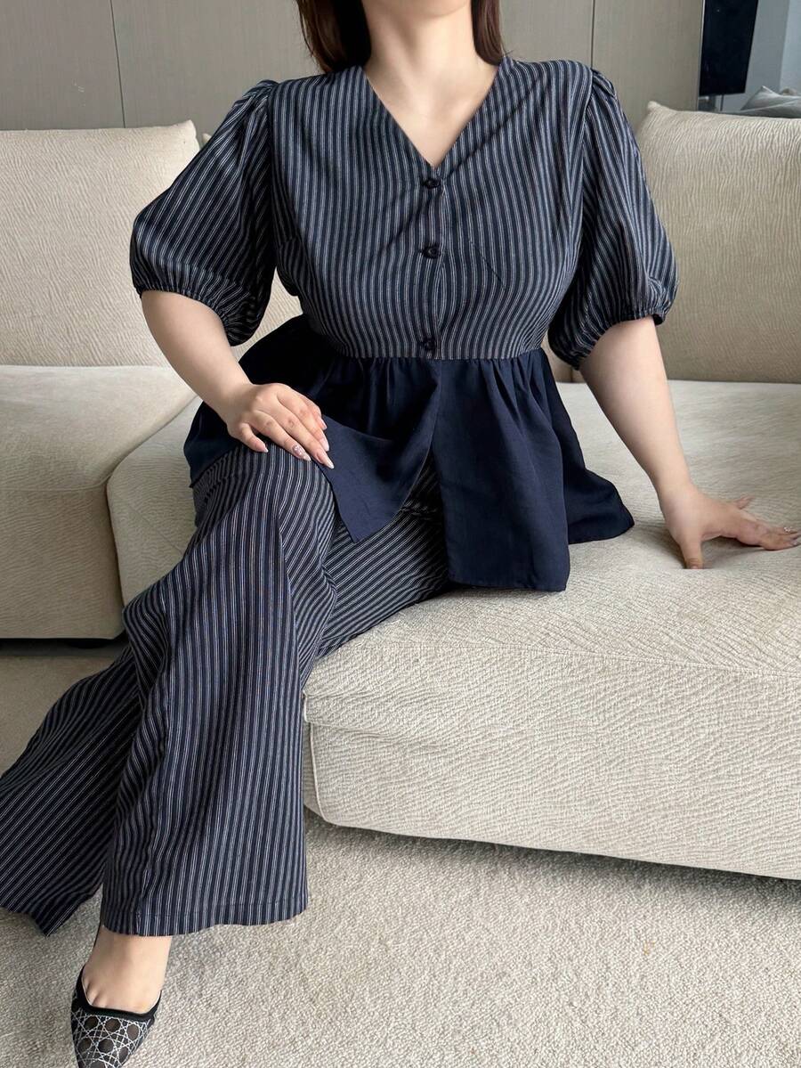 Dazy Plus Fashionable Striped V-Neck Loose Lantern Sleeve Pullover Top And Loose Long Casual Pants Plus Size Women Spring Autumn 2-Piece Set - Navy Blue - View 1