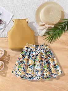 Girls' Knit Vest And Printed Skirt Set, Suitable For Daily Commute And Outdoor Activities, Showcasing Lively And Cute Style - Yellow - View 2