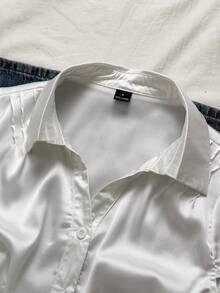 Attitoon Women's White Collar Slimming Short Sleeve Satin Elegant Fashion Waist-Defining Blouse - White - View 2