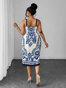 Maweii Rochie midi pentru femei mărimi mari, primăvară/vară, nouă, stil hot girl de vacanță, cu imprimeu floral albastru, bretele bandeau și talie cu șnur lateral, model slim, potrivită pentru vacanță la plajă, călătorii pe insule, fotografii de călătorie, îmbrăcăminte fashion stil hot girl - Multicolor - Vizualizare 2
