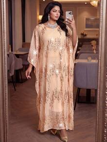 Auveirra Plus Size Women's Sequin Batwing Sleeve Loose Party Dress,Blush Pink,Summer,Country,Elegant,Formal,Wedding Ninang, Al-Adha Ceremony Outfits Vacation - Apricot - View 6