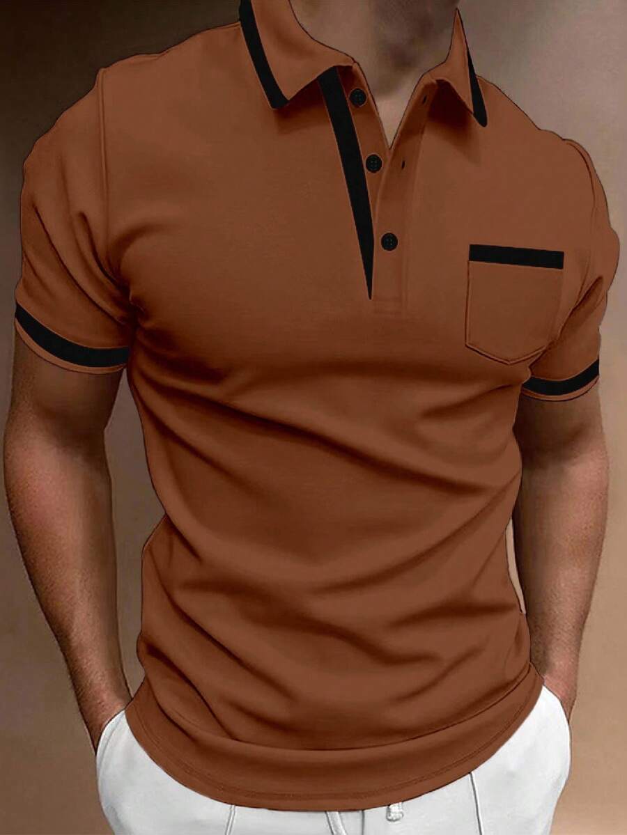 Calvornis 男士對比色短袖休閒通勤 Polo 衫,正式儀式適用 - 棕色 - 查看 1
