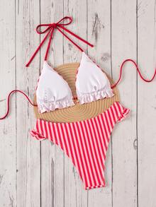 Swim Mod 女款夏季新款海灘泳裝度假休閒甜美紋理拼接條紋布料可愛荷葉邊飾精緻金屬海星貝殼吊墜性感露背繫帶兩件式比基尼泳衣套裝 - 彩色 - 查看 2