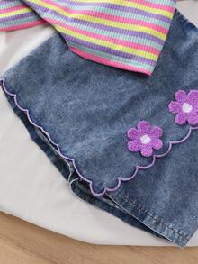 SHEIN Elladie kids 女童兩件式春夏套裝，圓領T恤搭配牛仔裙褲套裝，刺繡設計，簡約時尚短袖短褲套裝 - 紫色 - 查看 7