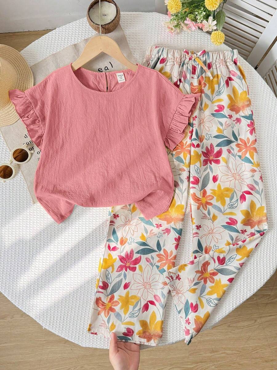 SHEIN 兒童青少年女孩 T-shirt 套裝 梭織純色短袖上衣與碎花長褲休閒套裝 - 粉色 - 查看 1