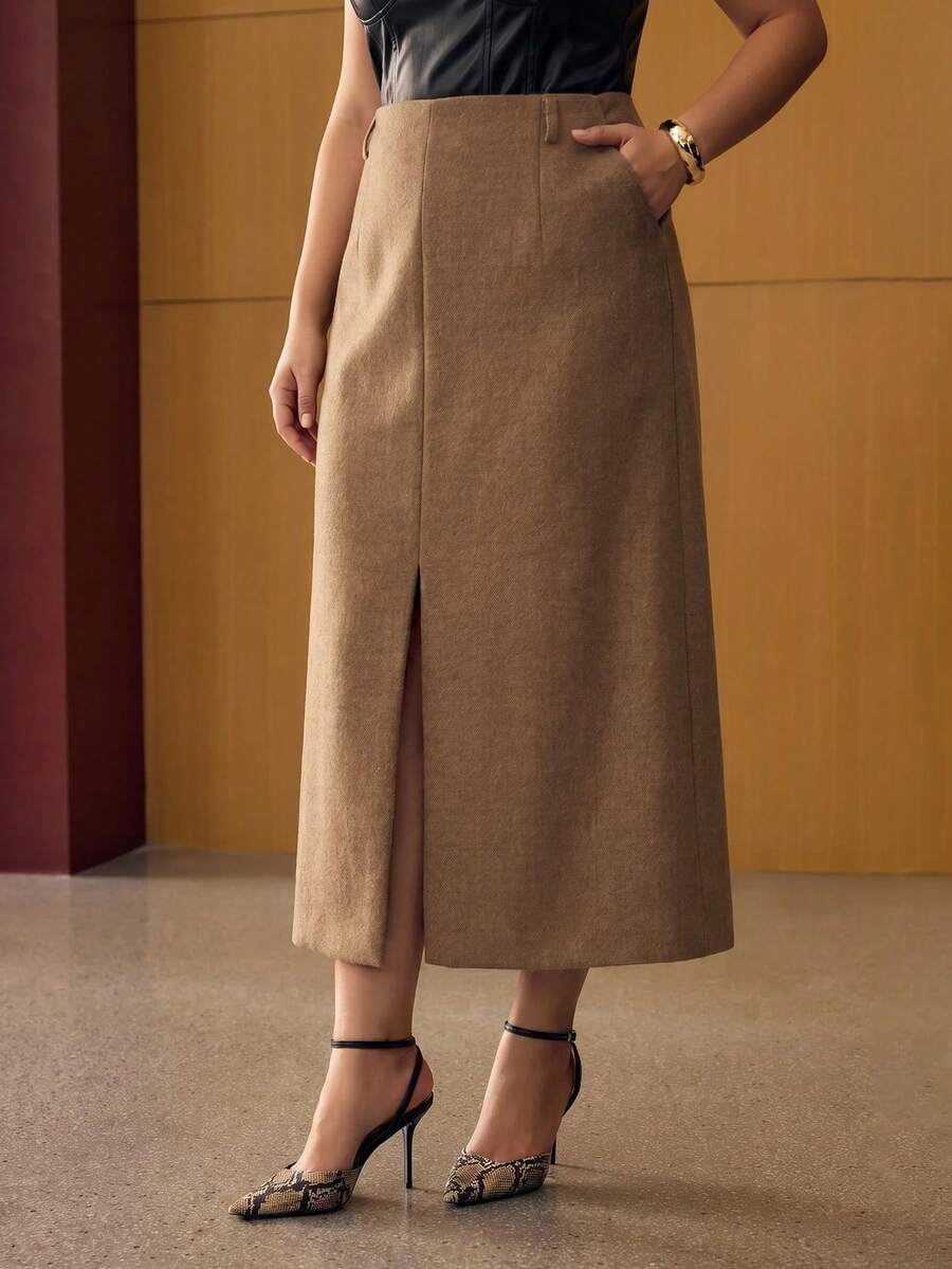 MOTF PREMIUM PLUS SIZE WOMEN'S SLIM FIT LONG SKIRT, AUTUMN/WINTER - Khaki - View 2