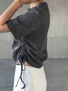 FRIFUL Summer Solid Color Drawstring Tie Bow Dark Grey Textured Fabric Letter Print Casual Streetwear Versatile T-Shirt Going Out Weekend Everyday Night Out - Dark Grey - View 7