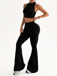 Sirith 2pcs Women Seamless Half Zip Mandarin Collar Backless Sexy Sports Bra And Flared Pants Yoga Workout Set - Black - View 3