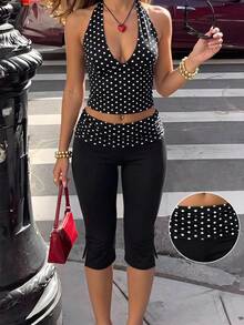 SHEIN EZwear 黑色波點針織女款深V掛脖背心與七分長內搭褲套裝 - 黑色 - 查看 2