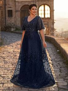 Serin Gaun Pengantin Ukuran Besar Elegan Romantis Lengan Ruffle Mewah Payet Patchwork Satin Bertatahkan Mutiara dan Rhinestones Potongan A-Line Besar Cocok untuk Pesta Pernikahan, Perayaan, Makan Malam Formal, Gaun Ibu Pengantin - Navy Blue - View 6