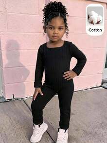 SHEIN Young Girl Knit Solid Color Square Neck Fitted Casual Jumpsuit - Black - View 1