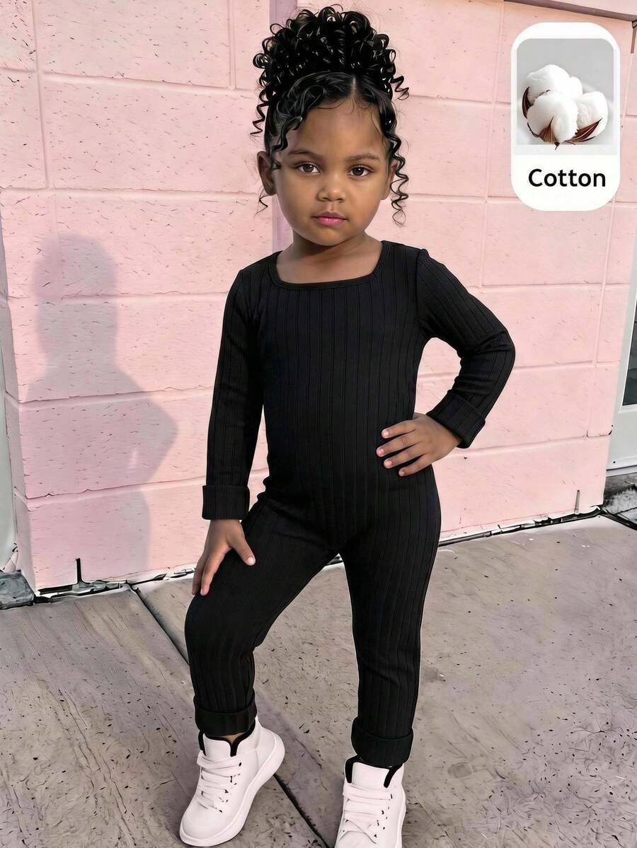 SHEIN Young Girl Knit Solid Color Square Neck Fitted Casual Jumpsuit - Black - View 1