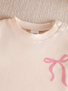 SHEIN Newborn Baby Girl Pink Black Fashion Set Short Sleeve Top With 3D Bow Cute Outfit For 0-9 M Babies - Beige - View 7