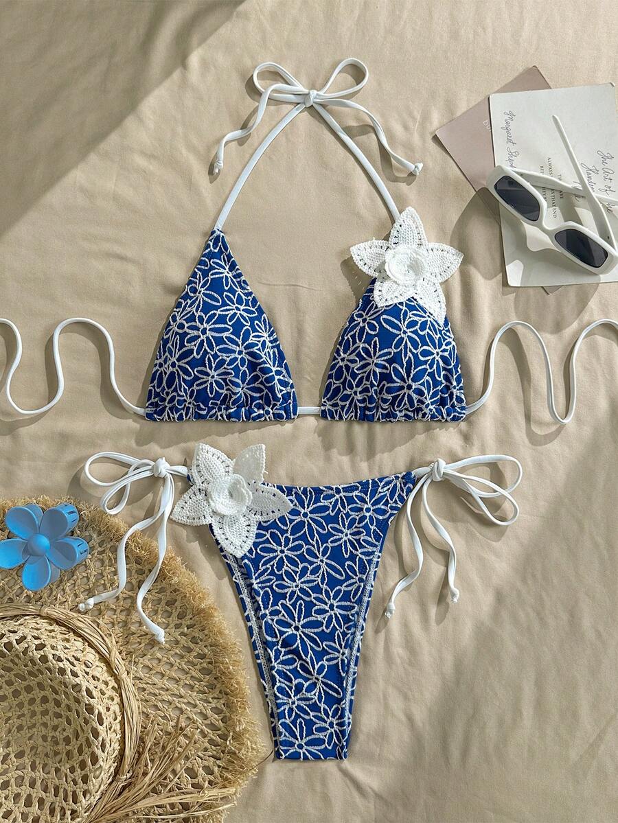 Livesso Women's Jacquard 3D Floral Decor Swimwear Set - Blue - View 1