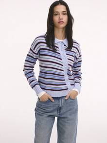 Nöista Multistripe Knit Cardigan In Blue, Burgundy And Olive With Collar And Asymmetric Buttons. Office, Everyday, College. Fall, Fall Winter Travels. - Blue - View 3