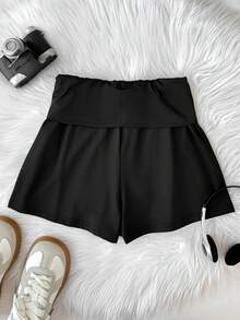 SHEIN Tween女孩休閒純黑色針織低腰修身運動短褲 - 黑色 - 查看 6