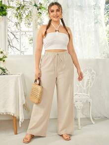 SHEIN PETITE CURVE Plus Size Casual Versatile Solid Color Straight Leg Pants - Apricot - View 5