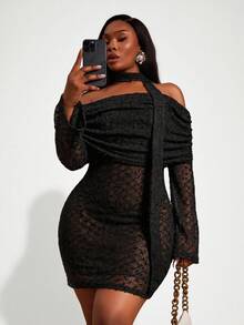 Radiana Women's Black Off Shoulder Bodycon Mini Dress Sheer Long Sleeves Halter Neck Tie Evening Cocktail Concert Dinner Date Night Party Autumn Sexy Elegant - Black - View 7