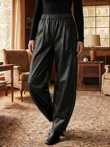 CAJUNI Autumn PU Leather Bucket Pants Holiday Party Going Out Black Casual - Black - View 4