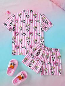 THE POWERPUFF GIRLS X SHEIN 青少年女孩條紋卡通印花上衣與短褲家居服 - 粉色 - 查看 2