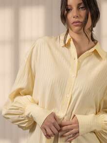 KÆRIA Hus Ciro Button Up Shirt - Viscose Drape, Button Up, Relaxed, Shirt Collar, Long Sleeve, Textured, Tonal Stripe, Relaxed Fit - Butter Yellow Stripe - Yellow - View 2