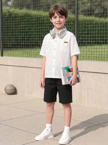 SHEIN Casuvi Kids Bộ đồ hè mới thời trang cho bé trai: áo sơ mi ngắn tay và quần short rộng rãi. - Đen và trắng - Xem 4