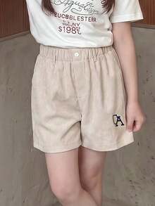 Casuvi Kids 少女都市休闲修身短裤，美式复古印花设计，适合度假、运动、户外、旅行、日常穿着，夏季新品 - 杏色 - 查看 1