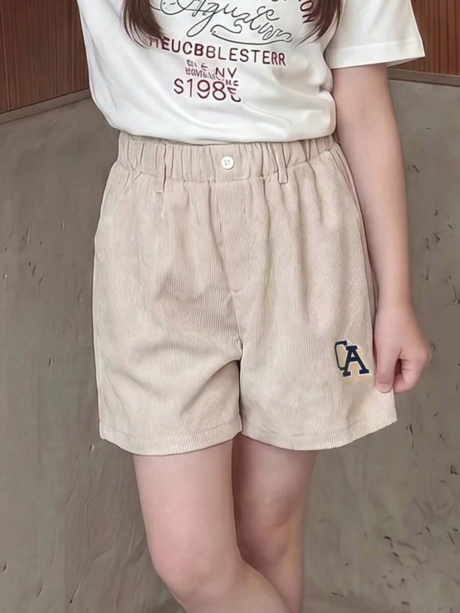 Casuvi Kids 少女都市休闲修身短裤,美式复古印花设计,适合度假、运动、户外、旅行、日常穿着,夏季新品 - 杏色 - 查看 1