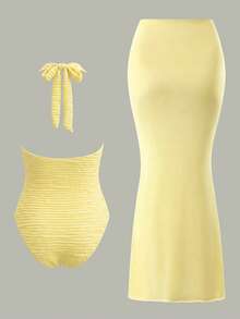 SHEIN Swim Summer Women's Casual Vacation Beach Party Sexy V-Neck Tie Butter Yellow Ruched Metal Flower One-Piece Swimsuit Solid Cream Mermaid Maxi Skirt Set - Pale Yellow - View 2