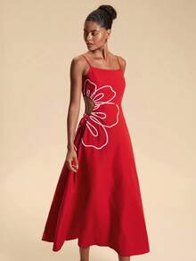 Travachic Vacation Petal Embroidery Cutout Ruched Cami Dress Vacation Red Floral Summer Elegant - Red - View 7