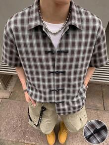 STEELVANCE 男士小格紋短袖襯衫，青蛙鈕扣，適合正式或休閒場合，休閒度假、晚餐聚會、簡約辦公、休閒居家穿著，百搭風格，適合自穿或送禮給朋友，熱銷舒適面料襯衫 - 彩色 - 查看 1