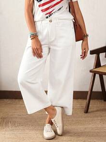 SHEIN CURVE+ Celana Jeans Denim Polos Kasual Serbaguna Ukuran Besar - Putih - View 7