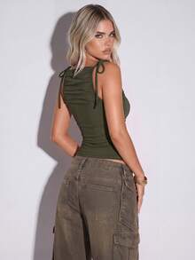 Normani Women's Olive Green Vest, Sleeveless Tie-Front Top With Ruched Detailing Casual Sexy Summer Wear Y2K Top Back To School Going Out Night Out - Army Green - View 3