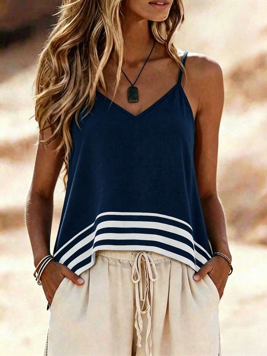 EMERY ROSE Strandurlaub-Stil Camisole V-Ausschnitt asymmetrischer Saum marineblau gestreift entspannte Sommer Frühling Hochzeiten Geburtstagsfeiern elegante Freizeitkleidung Abschlussfeier - Verschiedenfarbig - Übersicht 1