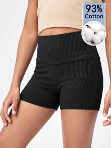 SHEIN Tween女孩純色針織休閒春夏高腰修身單車短褲 - 彩色 - 查看 2