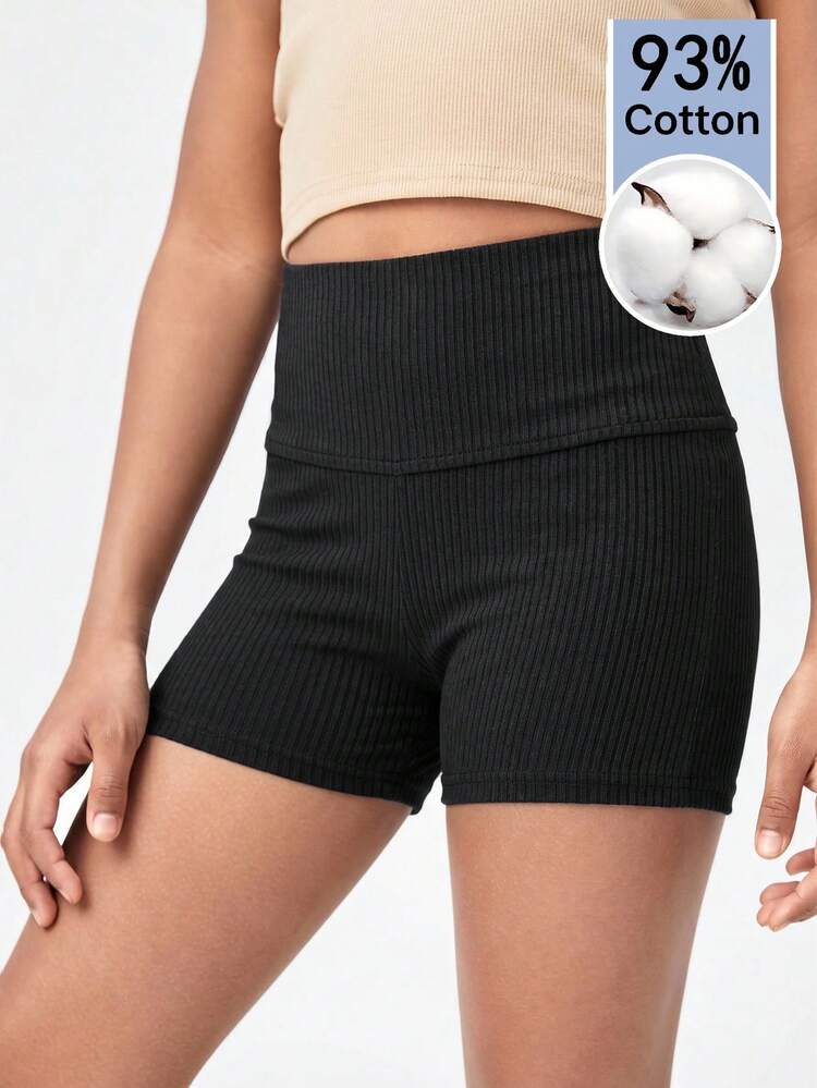 SHEIN Shorts de ciclista de cintura alta y ajuste ceñido de unicolor de punto casual para primavera/verano para niñas preadolescentes - Multicolor - Añade 1