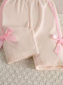 SHEIN Newborn Baby Girl Pink Black Fashion Set Short Sleeve Top With 3D Bow Cute Outfit For 0-9 M Babies - Beige - View 12