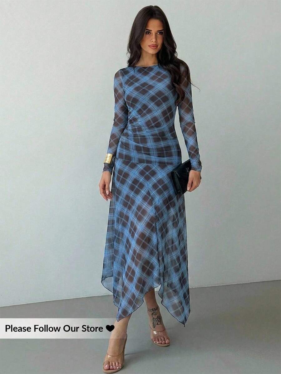 Firerie Elegant Y2k Fashion Plaid Ruched Asymmetrical Hem Long Dress For Women Going Out Party Blue Plaid Autumn